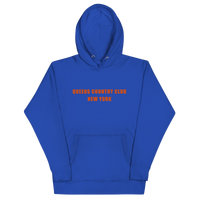 QCC NY Mets Masters Front- hoodie with green 'Queens Country Club New York' text on front Minimalist NYC golf streetwear inspired by borough pride and…
