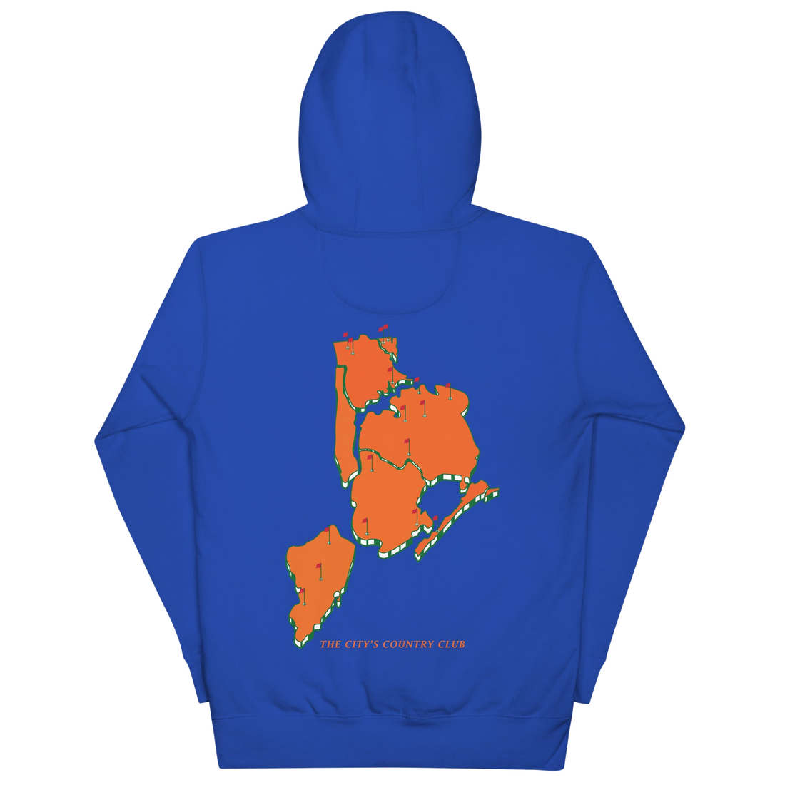 QCC NY Mets Masters Hoodie Back- hoodie with green 'Queens Country Club New York' text on front Minimalist NYC golf streetwear inspired by borough…