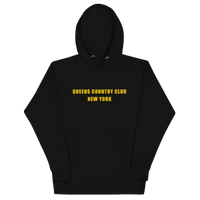 hoodie with green 'Queens Country Club New York' text on front Minimalist NYC golf streetwear inspired by borough pride and classic athletic…