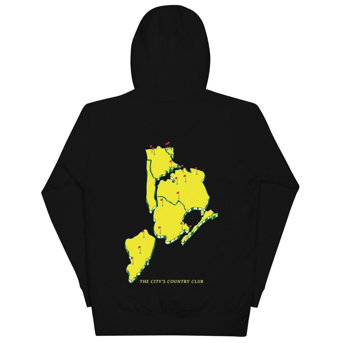 hoodie with green 'Queens Country Club New York' text on front Minimalist NYC golf streetwear inspired by borough pride and classic athletic…
