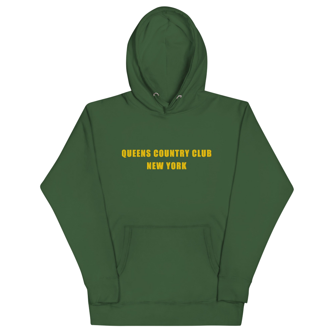 hoodie with green 'Queens Country Club New York' text on front Minimalist NYC golf streetwear inspired by borough pride and classic athletic…