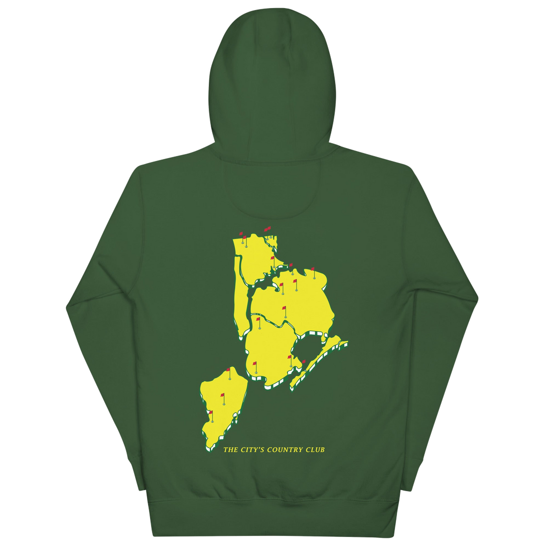hoodie with green 'Queens Country Club New York' text on front Minimalist NYC golf streetwear inspired by borough pride and classic athletic…