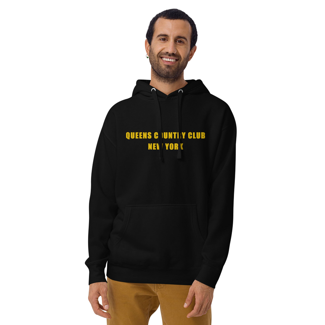 hoodie with green 'Queens Country Club New York' text on front Minimalist NYC golf streetwear inspired by borough pride and classic athletic…