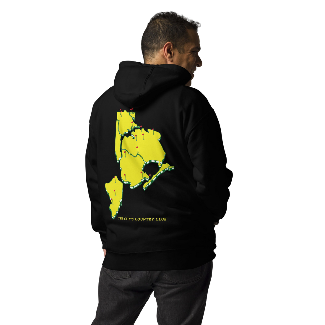hoodie with green 'Queens Country Club New York' text on front Minimalist NYC golf streetwear inspired by borough pride and classic athletic…