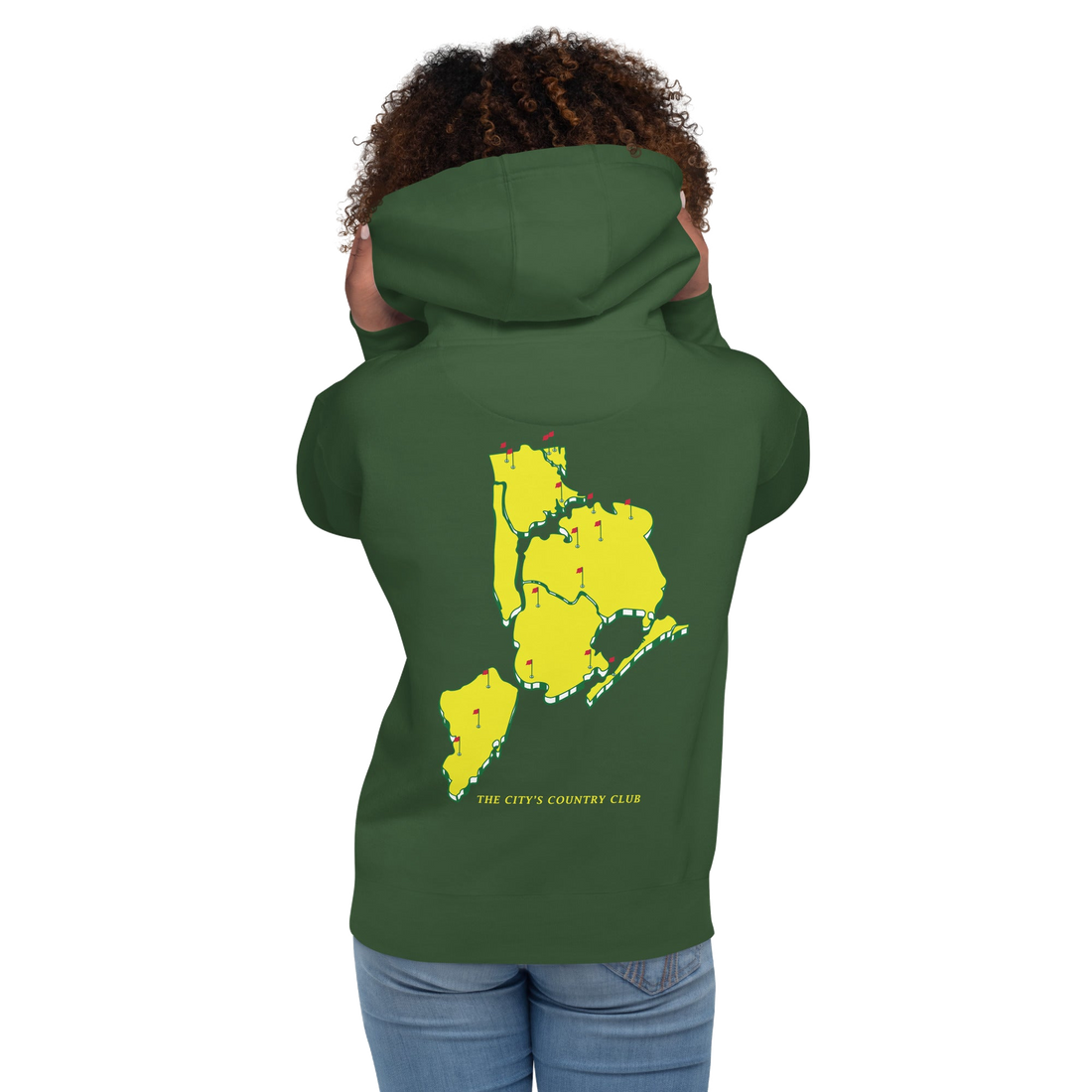 hoodie with green 'Queens Country Club New York' text on front Minimalist NYC golf streetwear inspired by borough pride and classic athletic…