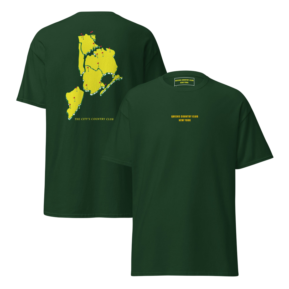 NYC Masters Cotton Tee Green & Black - Queens Country Club. Queens Country Club T-shirt featuring minimalist front text 'Queens Country Club New York'…