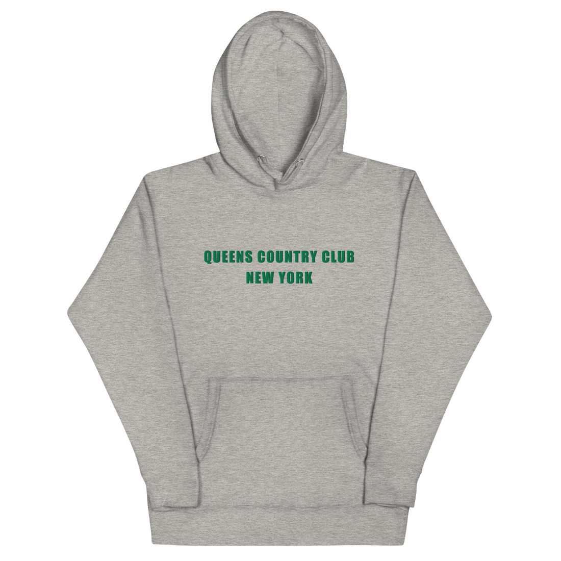 hoodie with green 'Queens Country Club New York' text on front Minimalist NYC golf streetwear inspired by borough pride and classic athletic…