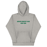 hoodie with green 'Queens Country Club New York' text on front Minimalist NYC golf streetwear inspired by borough pride and classic athletic…