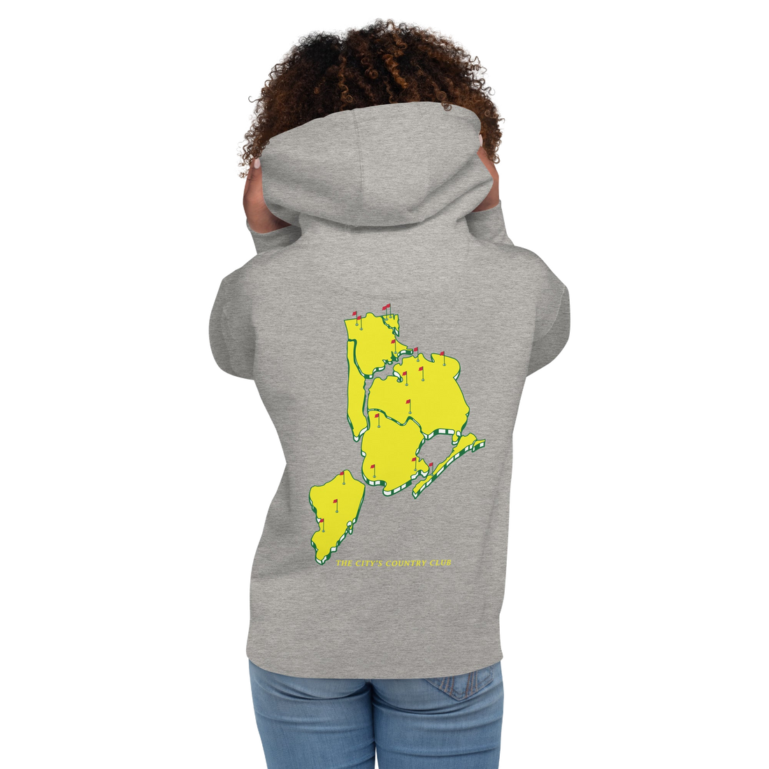 hoodie with green 'Queens Country Club New York' text on front Minimalist NYC golf streetwear inspired by borough pride and classic athletic…