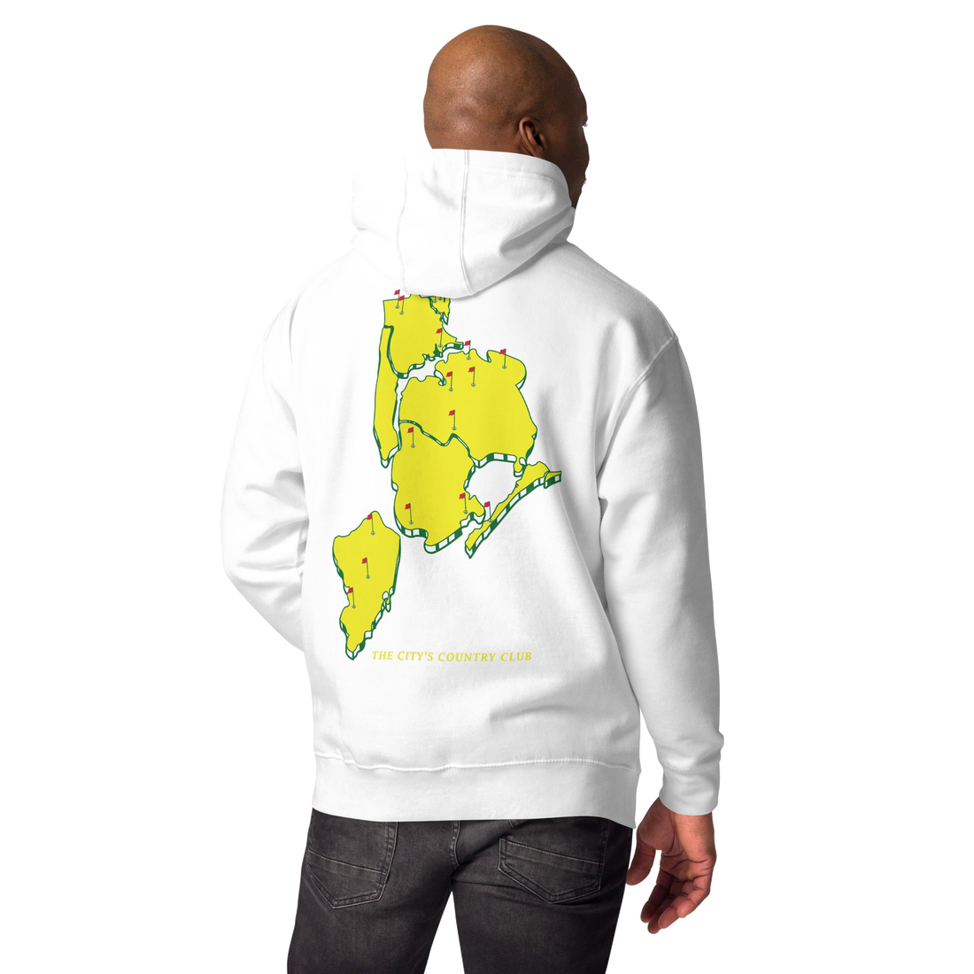 hoodie with green 'Queens Country Club New York' text on front Minimalist NYC golf streetwear inspired by borough pride and classic athletic…