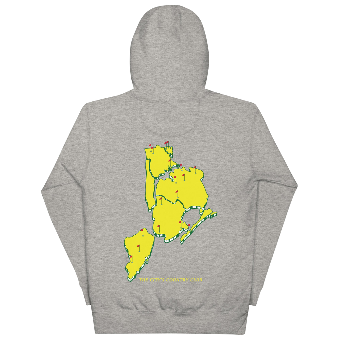 Front and back view of a heather grey Queens Country Club hoodie. The front features green text reading “Queens Country Club New York,” while the back…