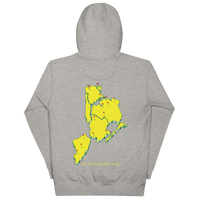 Front and back view of a heather grey Queens Country Club hoodie. The front features green text reading “Queens Country Club New York,” while the back…