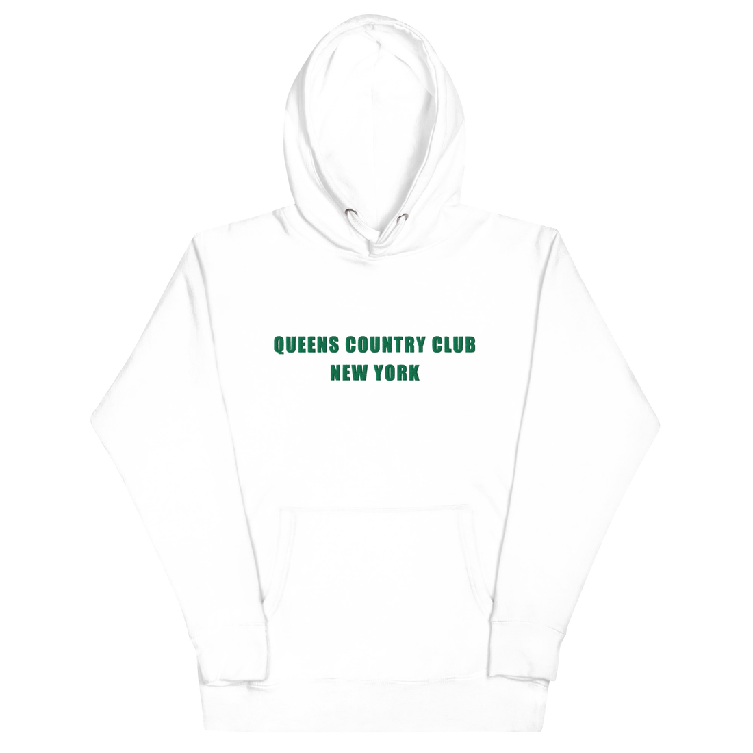 hoodie with green 'Queens Country Club New York' text on front Minimalist NYC golf streetwear inspired by borough pride and classic athletic…