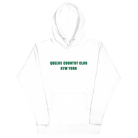 hoodie with green 'Queens Country Club New York' text on front Minimalist NYC golf streetwear inspired by borough pride and classic athletic…