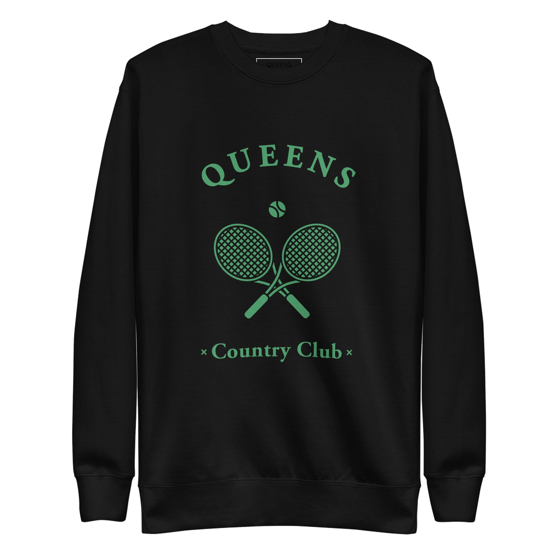 Queens Country Club crewneck sweatshirt with green graphic of crossed tennis rackets and ball. Vintage-inspired NYC tennis streetwear blending classic…