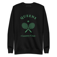 Queens Country Club crewneck sweatshirt with green graphic of crossed tennis rackets and ball. Vintage-inspired NYC tennis streetwear blending classic…