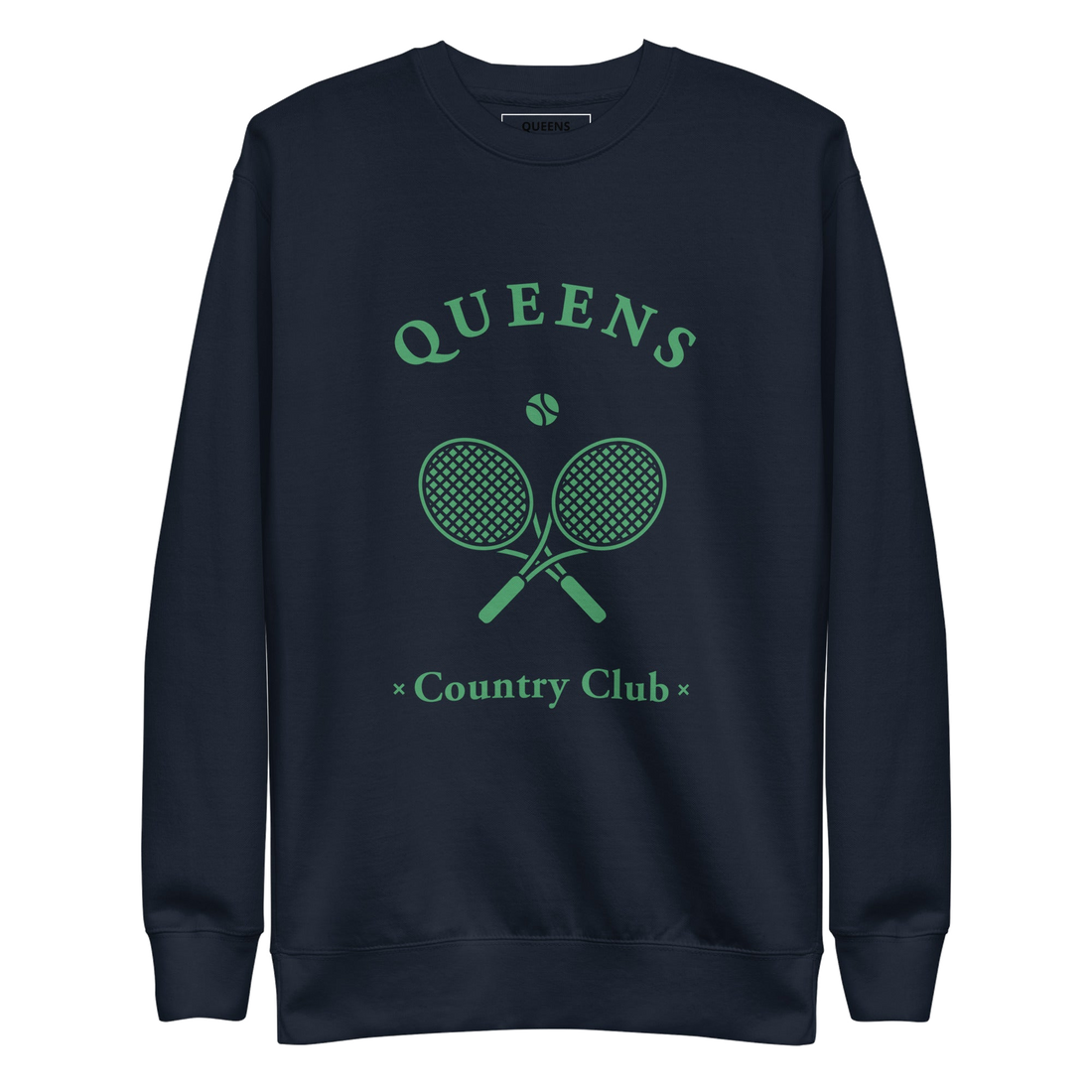 Queens Country Club crewneck sweatshirt with green graphic of crossed tennis rackets and ball. Vintage-inspired NYC tennis streetwear blending classic…