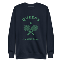 Queens Country Club crewneck sweatshirt with green graphic of crossed tennis rackets and ball. Vintage-inspired NYC tennis streetwear blending classic…