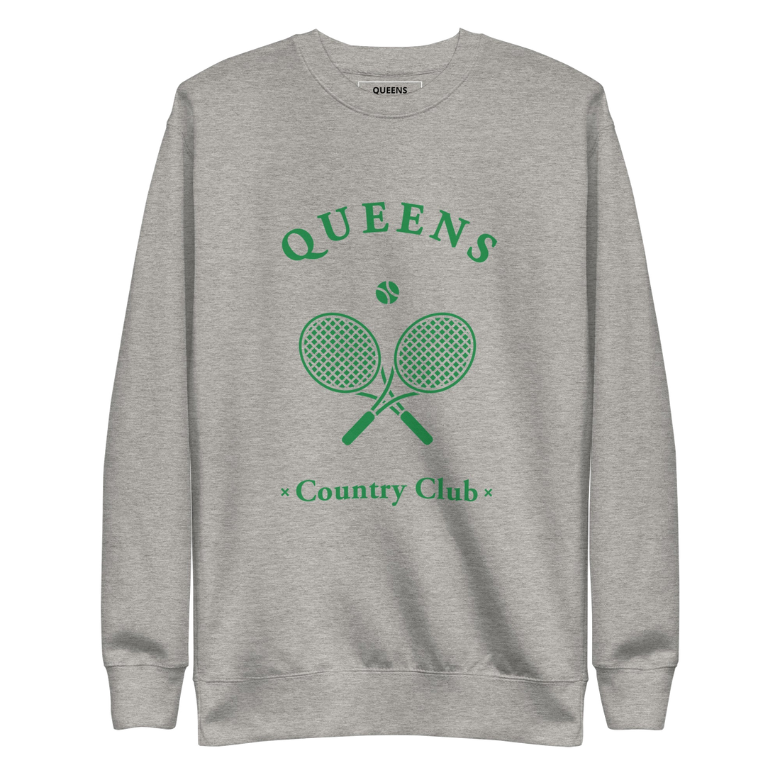Queens Country Club crewneck sweatshirt with green graphic of crossed tennis rackets and ball. Vintage-inspired NYC tennis streetwear blending classic…