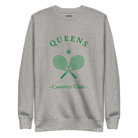 Queens Country Club crewneck sweatshirt with green graphic of crossed tennis rackets and ball. Vintage-inspired NYC tennis streetwear blending classic…