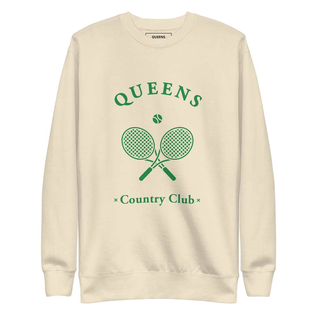Queens Country Club crewneck sweatshirt with green graphic of crossed tennis rackets and ball. Vintage-inspired NYC tennis streetwear blending classic…