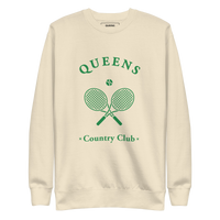 Queens Country Club crewneck sweatshirt with green graphic of crossed tennis rackets and ball. Vintage-inspired NYC tennis streetwear blending classic…