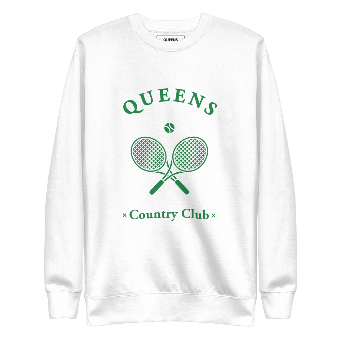 Queens Country Club crewneck sweatshirt with green graphic of crossed tennis rackets and ball. Vintage-inspired NYC tennis streetwear blending classic…