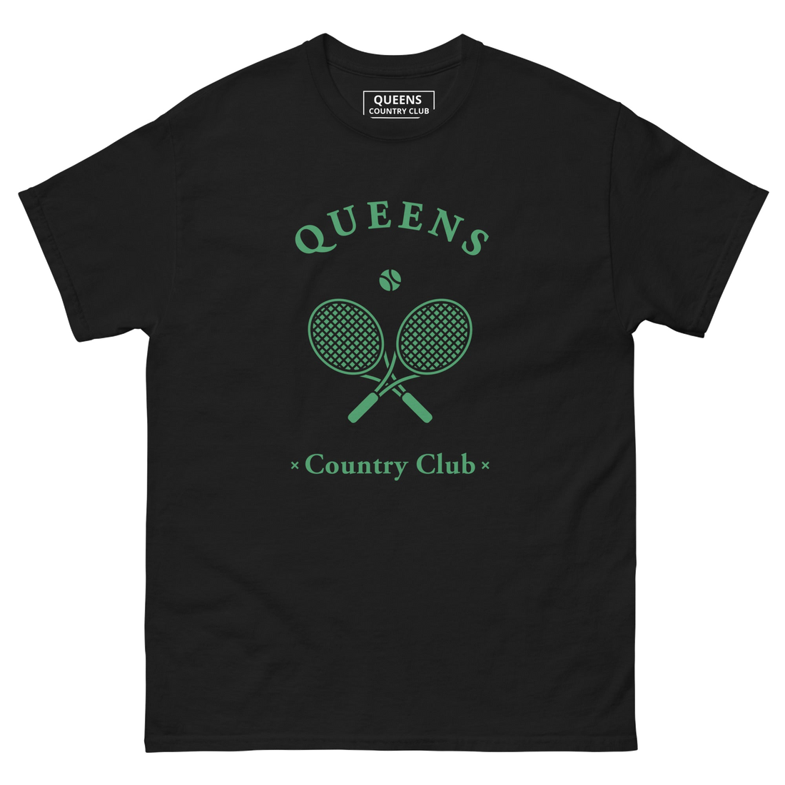 Queens Country Club T-shirt with green graphic of crossed tennis rackets and ball. Vintage-inspired tennis streetwear celebrating Queens, NYC sports…