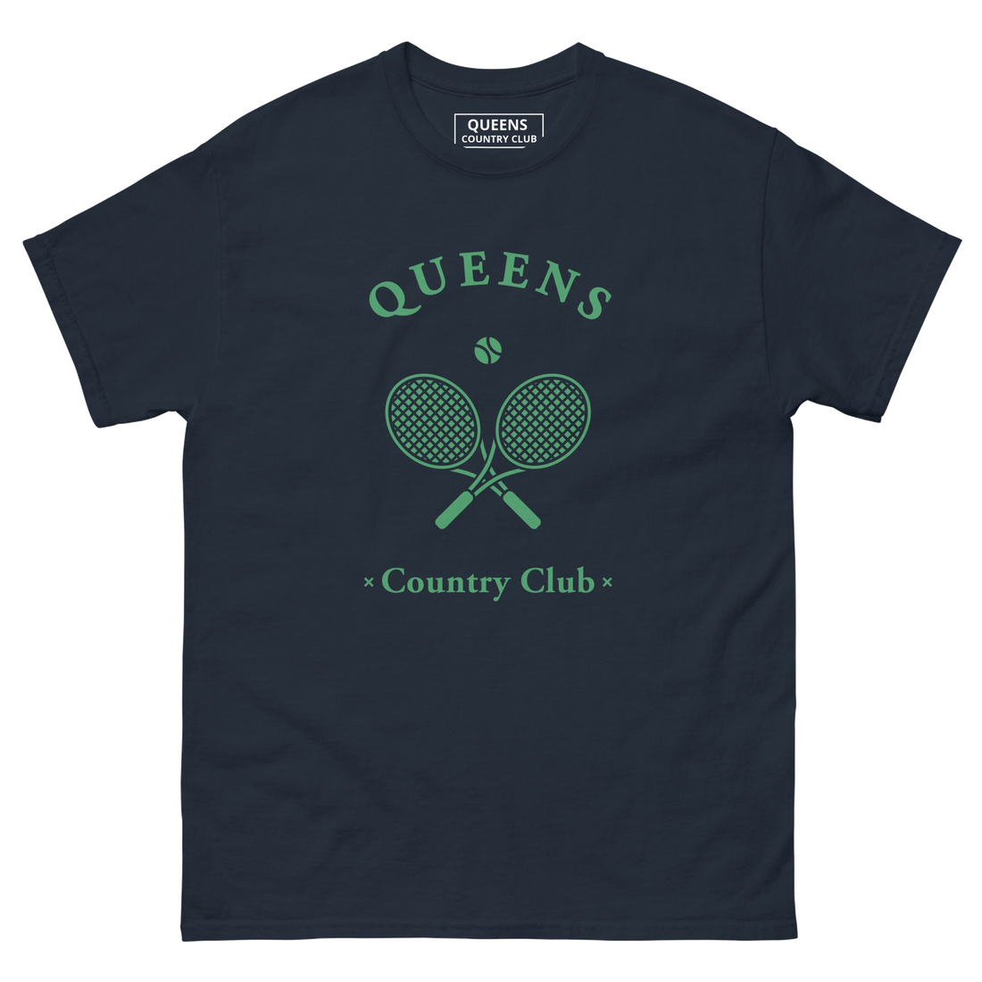 Queens Country Club T-shirt with green graphic of crossed tennis rackets and ball. Vintage-inspired tennis streetwear celebrating Queens, NYC sports…