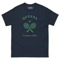 Queens Country Club T-shirt with green graphic of crossed tennis rackets and ball. Vintage-inspired tennis streetwear celebrating Queens, NYC sports…