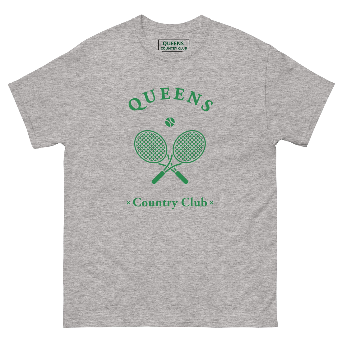 Queens Country Club T-shirt with green graphic of crossed tennis rackets and ball. Vintage-inspired tennis streetwear celebrating Queens, NYC sports…