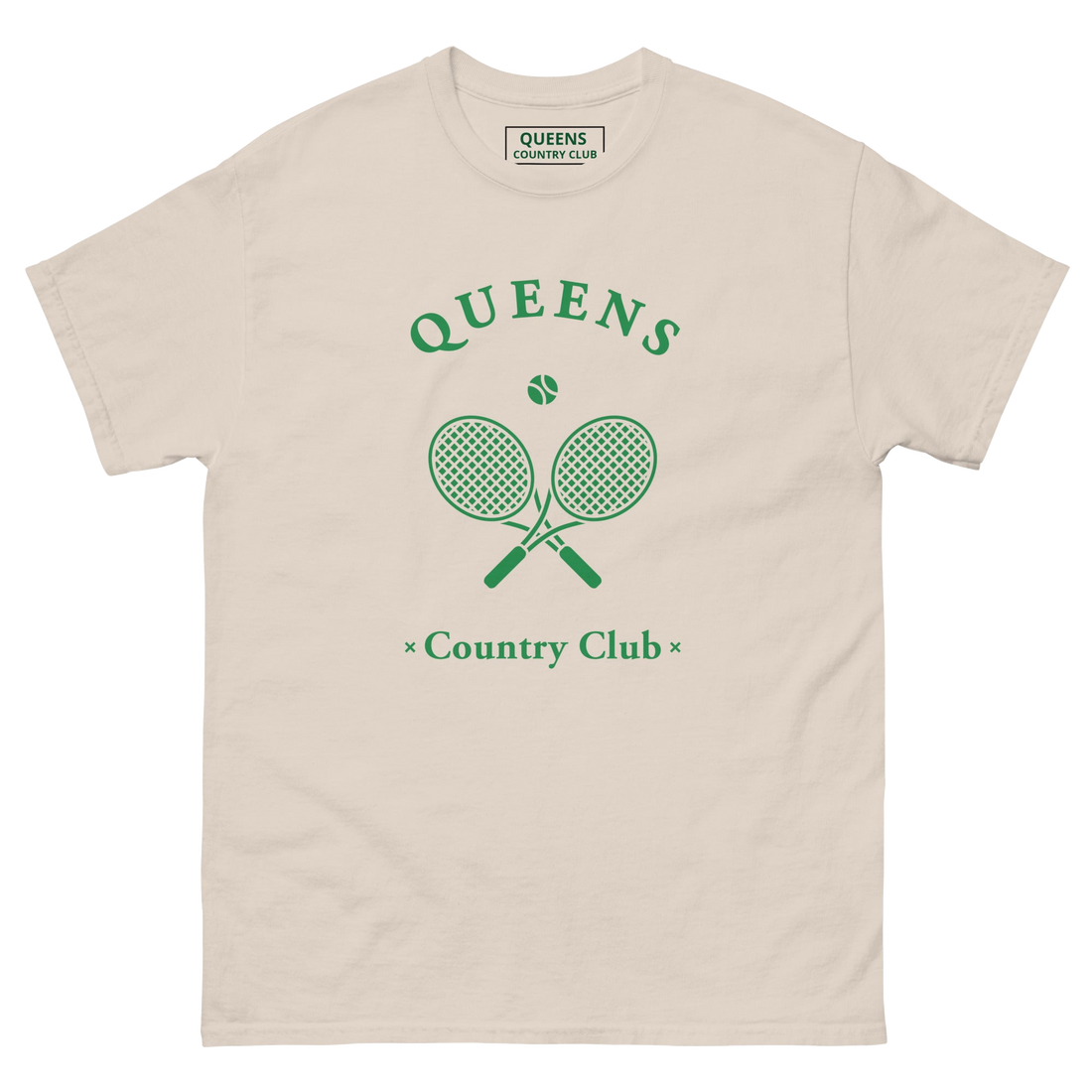 Queens Country Club T-shirt with green graphic of crossed tennis rackets and ball. Vintage-inspired tennis streetwear celebrating Queens, NYC sports…
