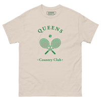 Queens Country Club T-shirt with green graphic of crossed tennis rackets and ball. Vintage-inspired tennis streetwear celebrating Queens, NYC sports…