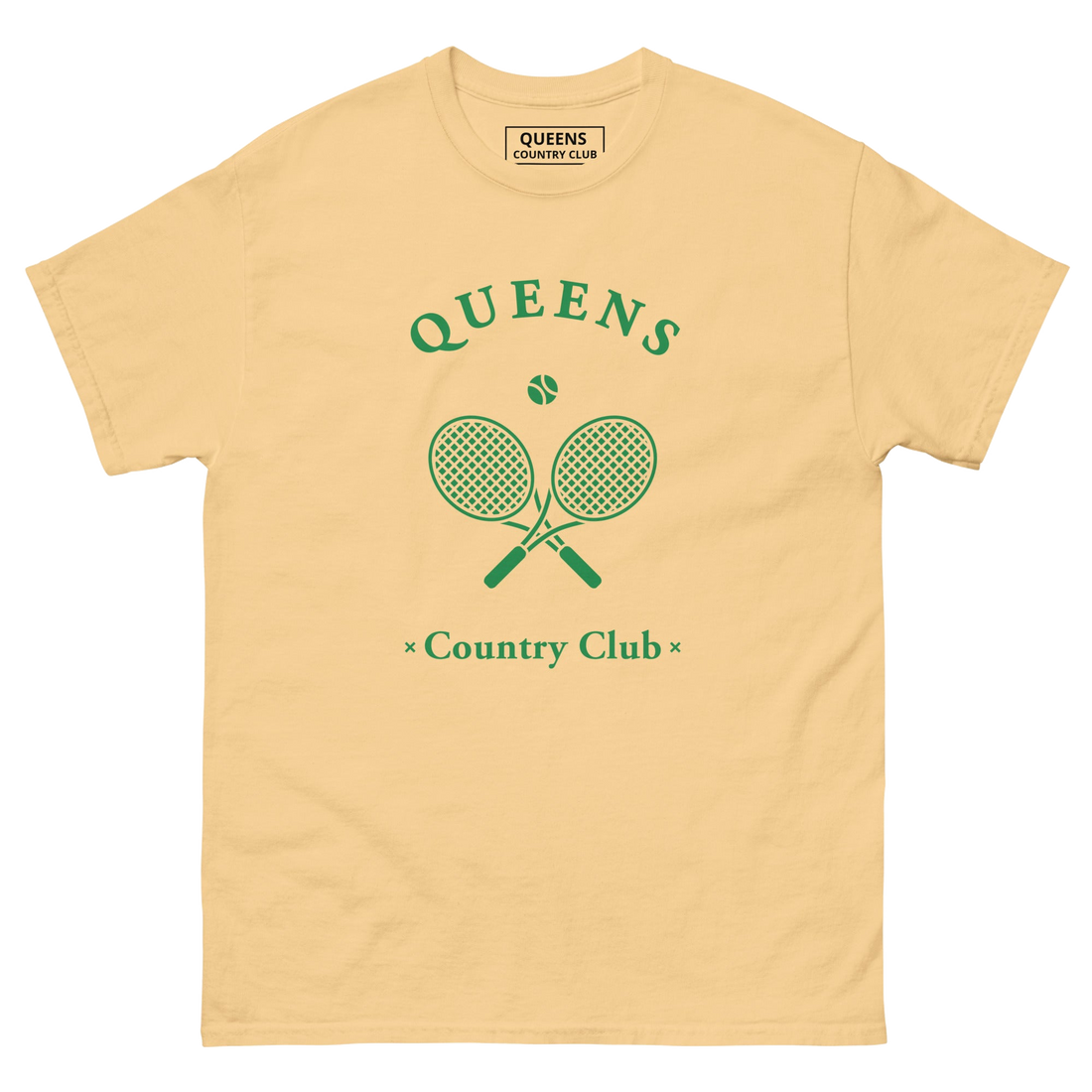 Queens Country Club T-shirt with green graphic of crossed tennis rackets and ball. Vintage-inspired tennis streetwear celebrating Queens, NYC sports…