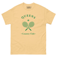 Queens Country Club T-shirt with green graphic of crossed tennis rackets and ball. Vintage-inspired tennis streetwear celebrating Queens, NYC sports…
