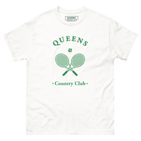 Queens Country Club T-shirt with green graphic of crossed tennis rackets and ball. Vintage-inspired tennis streetwear celebrating Queens, NYC sports…