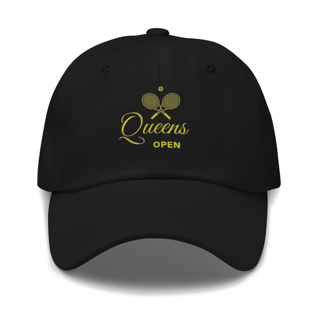 dad hat with 'Queens Open' text and a tennis racket emblem embroidered on the front. | Queens Country Club