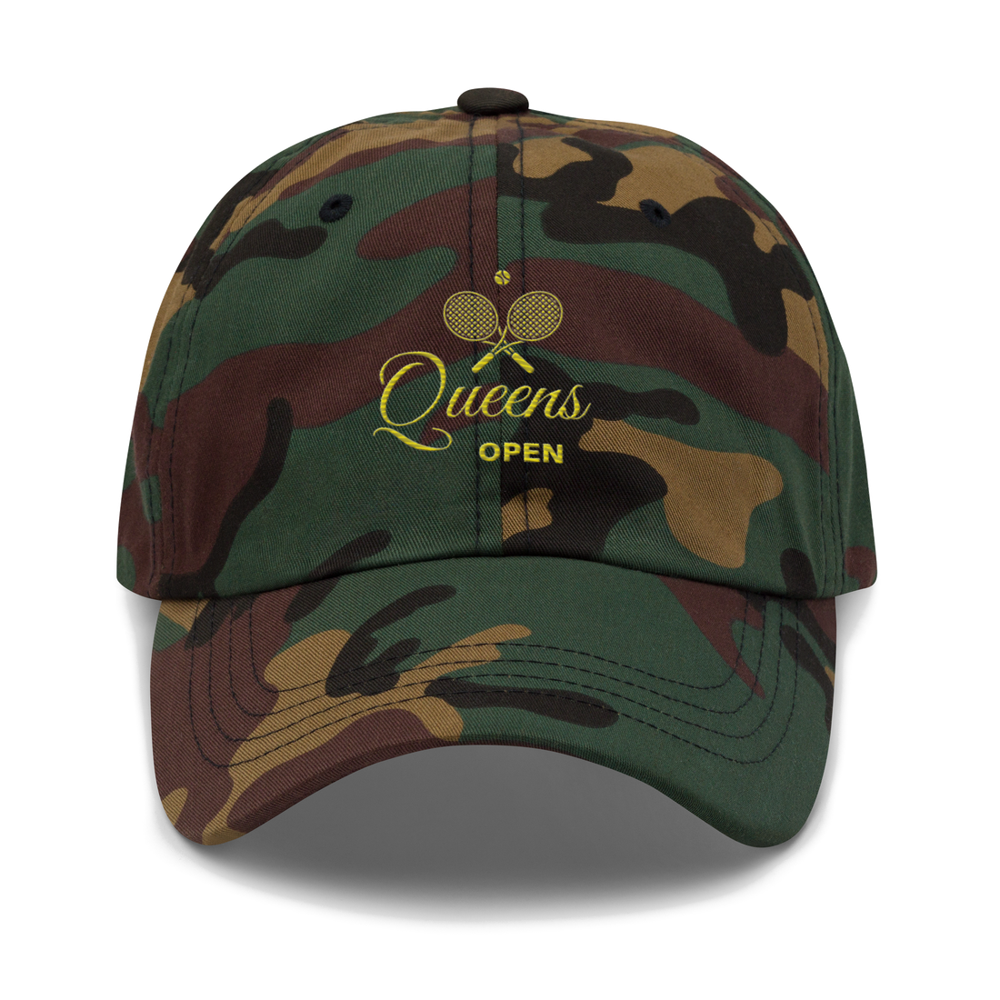 dad hat with 'Queens Open' text and a tennis racket emblem embroidered on the front. | Queens Country Club
