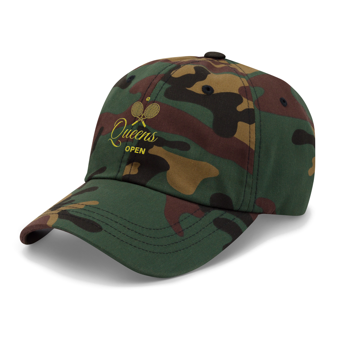 Camouflage baseball cap with 'Queens Open' logo on a light gray background | Queens Country Club