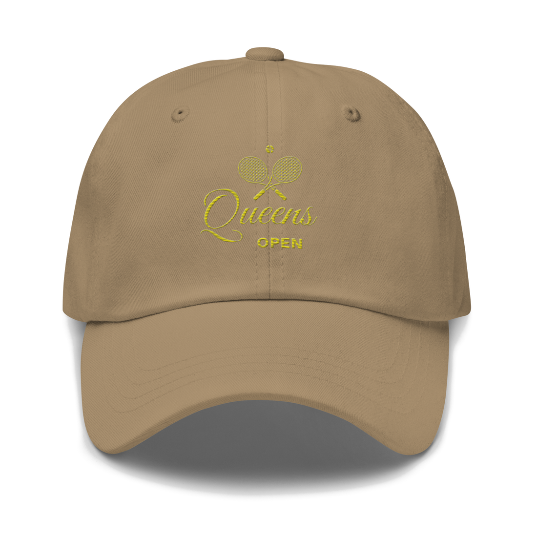 dad hat with 'Queens Open' text and a tennis racket emblem embroidered on the front. | Queens Country Club