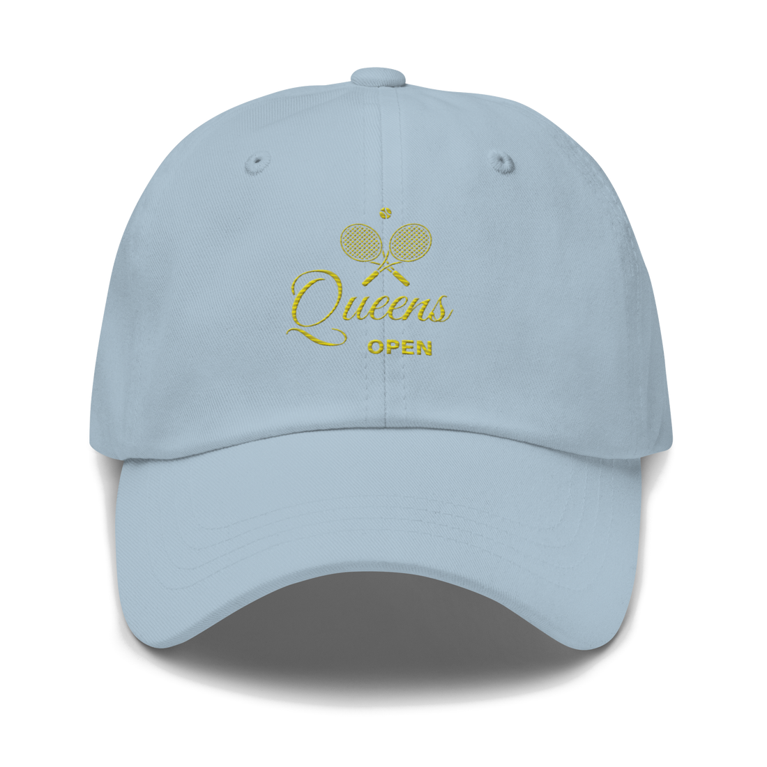 dad hat with 'Queens Open' text and a tennis racket emblem embroidered on the front. | Queens Country Club