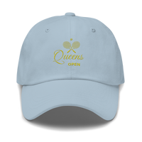 dad hat with 'Queens Open' text and a tennis racket emblem embroidered on the front. | Queens Country Club