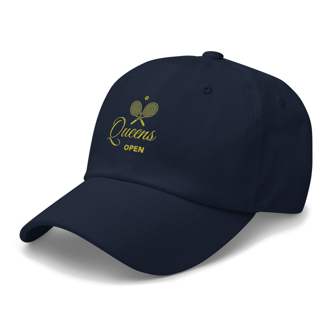 Navy blue cap with gold text and logo on a light gray background | Queens Country Club