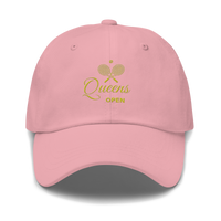 dad hat with 'Queens Open' text and a tennis racket emblem embroidered on the front. | Queens Country Club