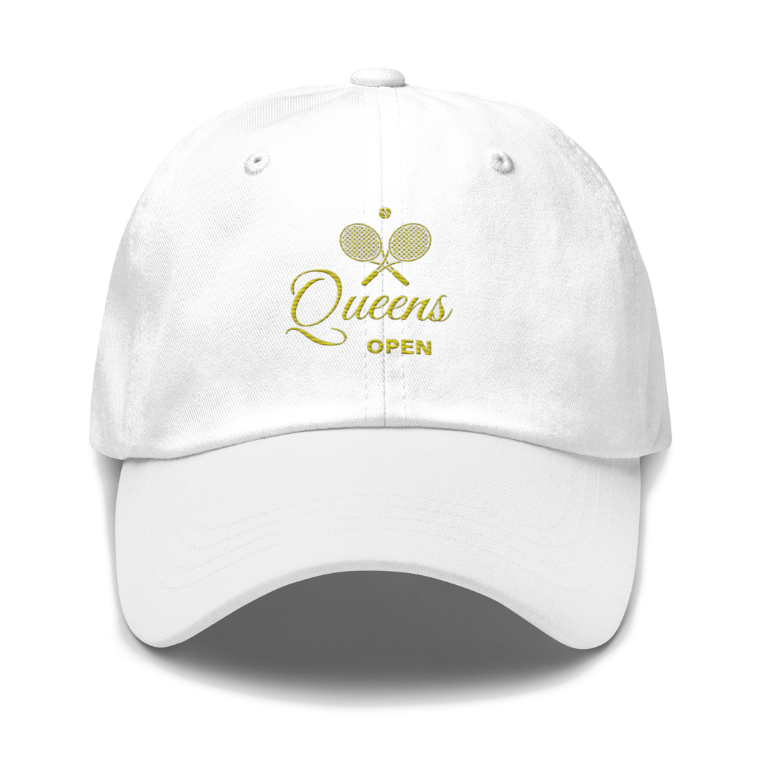dad hat with 'Queens Open' text and a tennis racket emblem embroidered on the front. | Queens Country Club