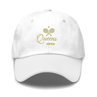 dad hat with 'Queens Open' text and a tennis racket emblem embroidered on the front. | Queens Country Club