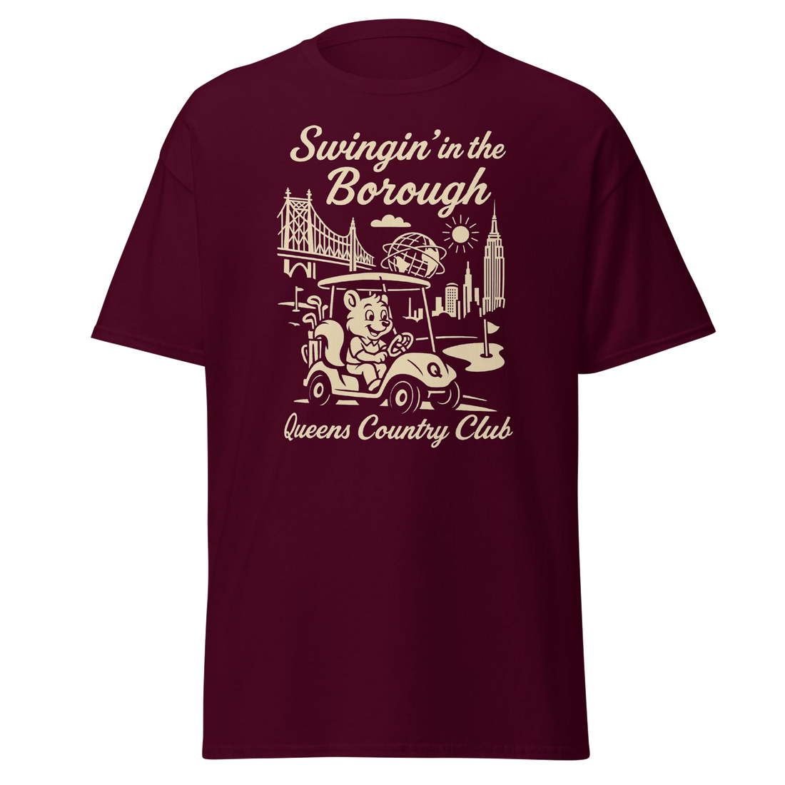 Queens Country Club T-shirt featuring vintage-style golf squirrel mascot driving a golf cart with NYC skyline, Unisphere, and Queensboro Bridge in…