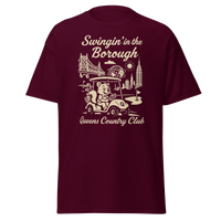 Queens Country Club T-shirt featuring vintage-style golf squirrel mascot driving a golf cart with NYC skyline, Unisphere, and Queensboro Bridge in…