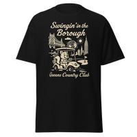 Queens Country Club T-shirt featuring vintage-style golf squirrel mascot driving a golf cart with NYC skyline, Unisphere, and Queensboro Bridge in…
