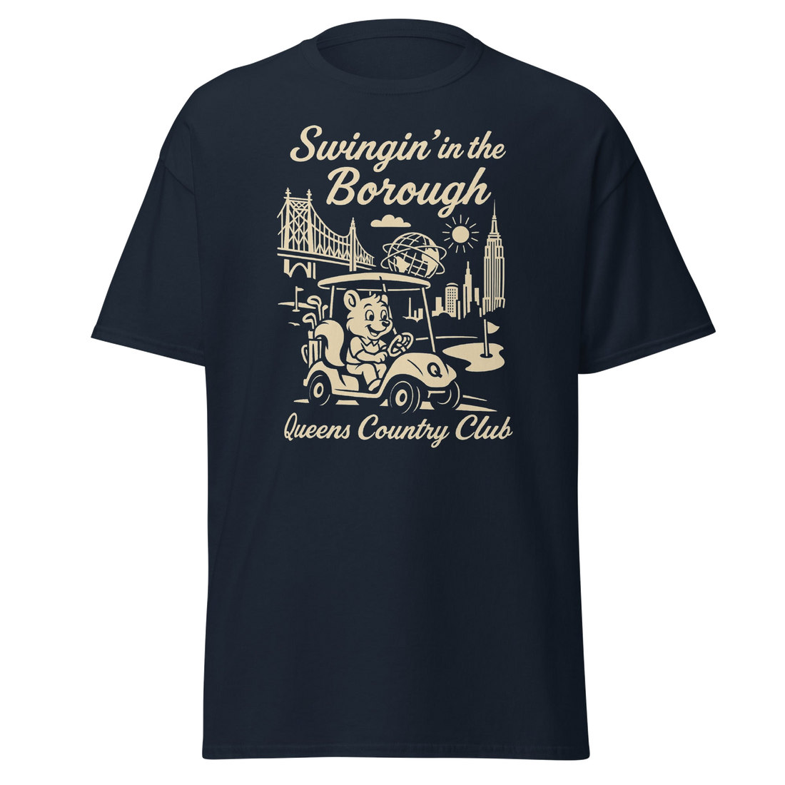 Queens Country Club T-shirt featuring vintage-style golf squirrel mascot driving a golf cart with NYC skyline, Unisphere, and Queensboro Bridge in…